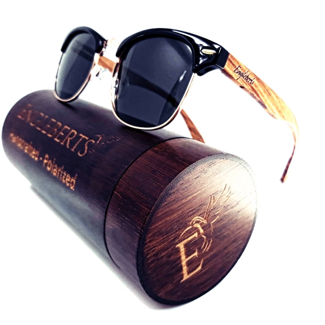 Real Walnut Wood Club Style Sunglasses With Bamboo Case, Polarized - buyzen