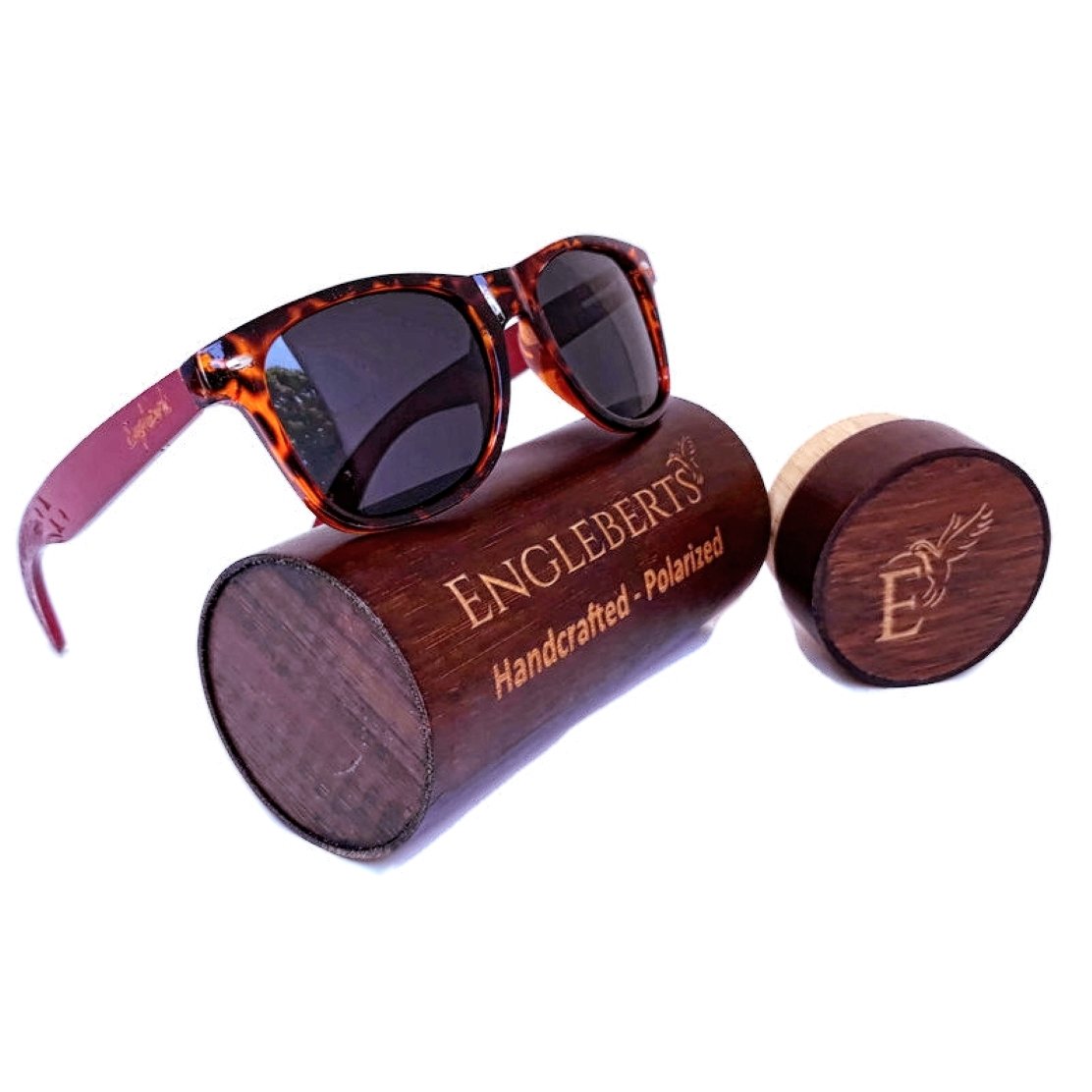 Red Bamboo Tortoise Framed Sunglasses With Wood Case, Artisan Engraved - buyzen