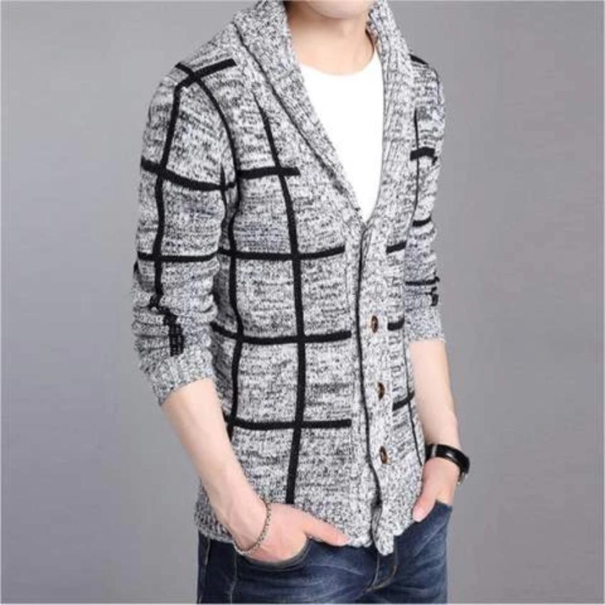 Mens Shawl Collar Gray Cardigan - buyzen