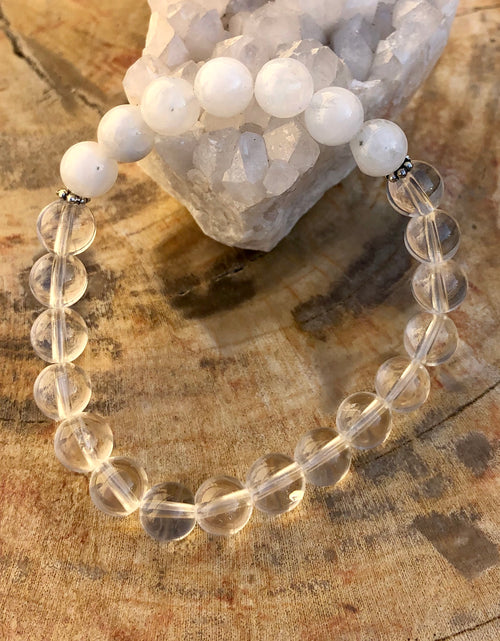 Load image into Gallery viewer, Rainbow Moonstone &amp; Crystal Quartz Stretch Bracelet! Genuine Crystals! - buyzen
