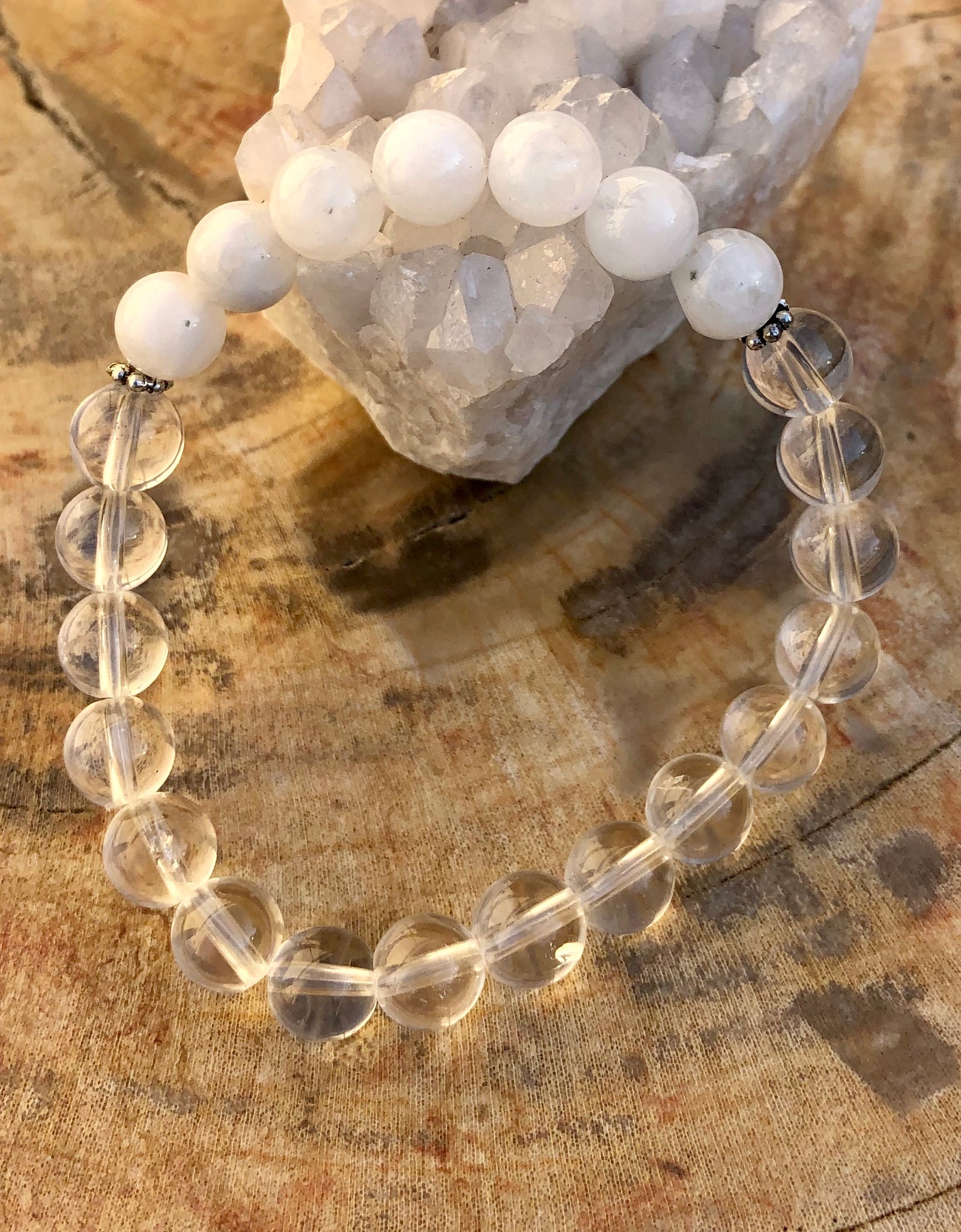 Rainbow Moonstone & Crystal Quartz Stretch Bracelet! Genuine Crystals! - buyzen