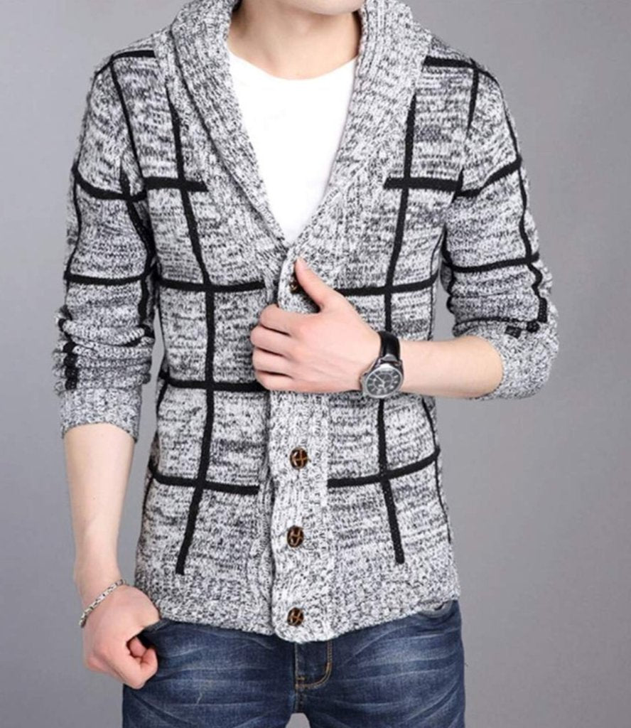 Mens Shawl Collar Gray Cardigan - buyzen