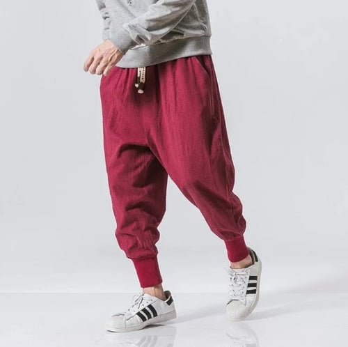 Load image into Gallery viewer, Cotton Linen Harem Pants Men Solid Elastic Waist Streetwear Joggers
