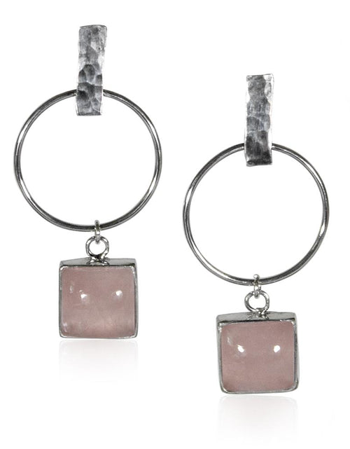 Load image into Gallery viewer, Hammered Geometric Hoop and Rose Charm Sterling Silver Earrings - buyzen
