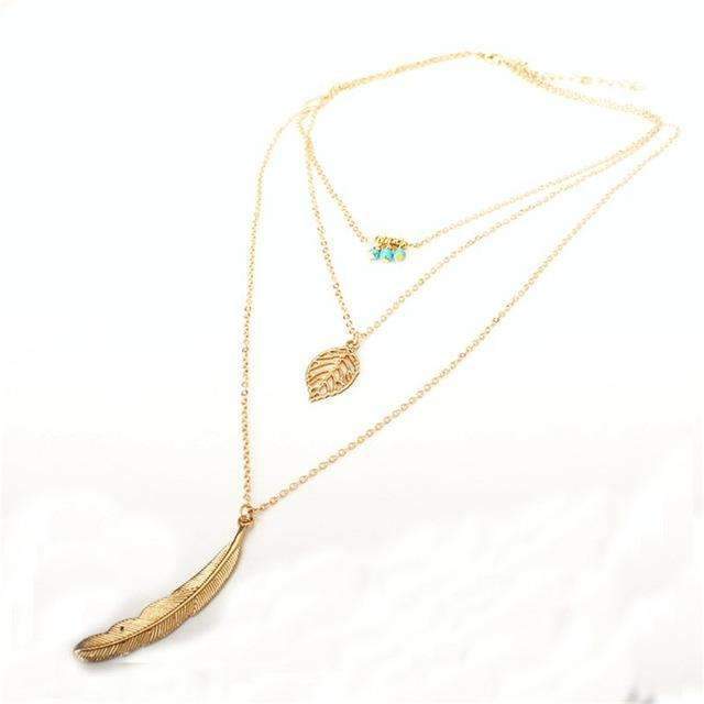 Turquoise Leaf Feather Multi Layer Necklace - buyzen