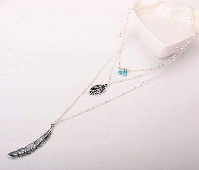 Turquoise Leaf Feather Multi Layer Necklace - buyzen